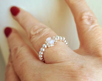 Sterling Silver April BIRTHSTONE RING stackable tiny clear Rock Crystal Quartz gemstone bead stretch ring jewellery gift for girl mum sister