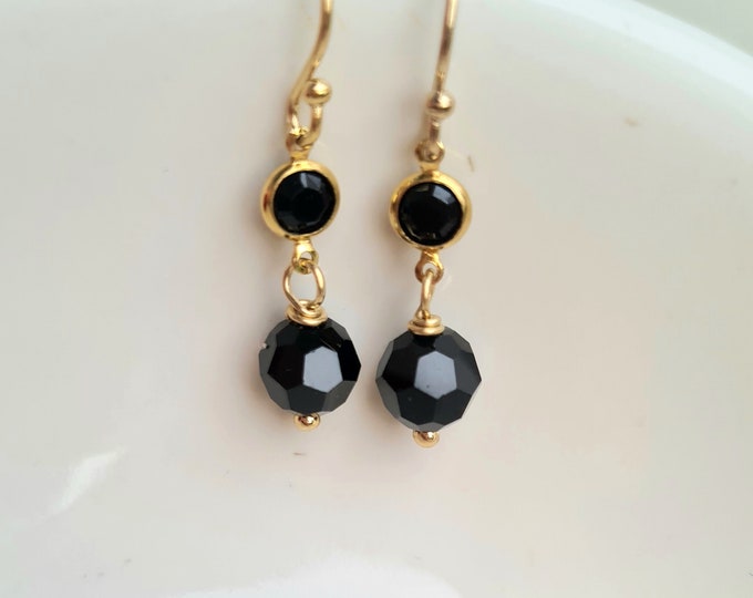 small Black Swarovski crystal drop earrings Gold Fill Jet black crystal bead earrings vintage Gold Black Swarovski Jewellery gift for her