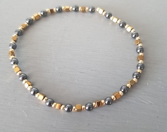 Black and Gold Hematite stretch bracelet tiny gemstone bead bracelet stacking unisex dainty chakra crystal Jewellery gift for her or him