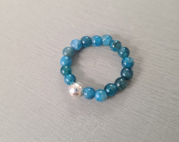 Blue Apatite stretch ring Sterling Silver or Gold fill small 4mm gemstone bead Ring throat chakra ring Apatite jewellery gift for men girl