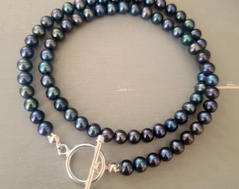 Peacock Black Freshwater Pearl necklace choker Sterling Silver 5-6mm real black pearl necklace or choker June Birthstone jewellery gift her