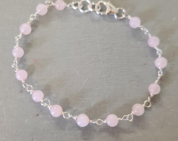 Tiny ROSE QUARTZ Bracelet Sterling Silver 4mm pink gemstone Bead Bracelet beaded wire wrapped January Birthstone jewellery gift Heart Chakra