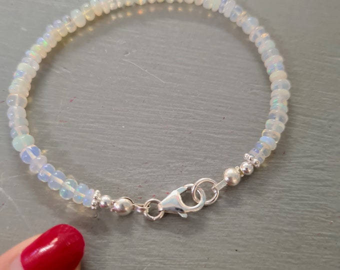 Tiny Ethiopian OPAL Bracelet Sterling Silver real 4mm Welo Opal gemstone bead Bracelet OCTOBER Birthstone jewellery gift for women mum her