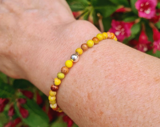YELLOW JASPER gemstone bead STRETCH Bracelet with Sterling Silver or 14K Gold Fill accent bead - Solar Chakra Yoga jewellery gift