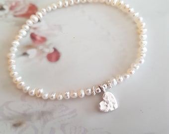 Tiny Freshwater Pearl STRETCH Bracelet Sterling Silver hammered heart small white seed pearl Bracelet simple real pearl jewellery gift mum