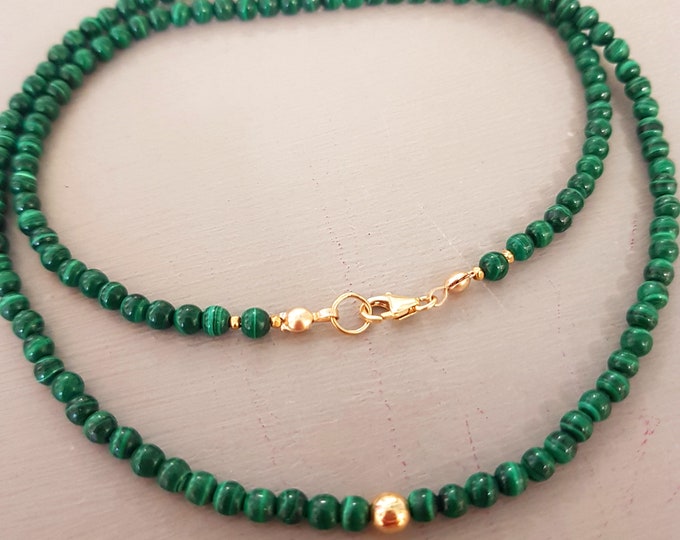 Tiny MALACHITE bead necklace choker in Sterling Silver or Gold Fill Malachite Heart Chakra jewellery gift for Protection