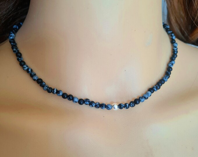 Snowflake Obsidian necklace choker Sterling Silver or Gold Fill tiny 4mm black and grey gemstone bead necklace Chakra jewellery gift