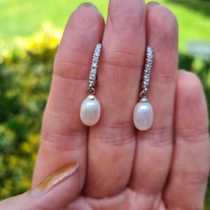 Freshwater pearl drop earrings on CZ diamond set lever backs white real Freshwater pearl earrings June Birthstone jewellery gift mum bridal