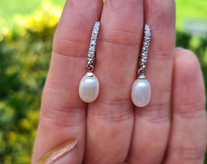Freshwater pearl drop earrings on diamante set lever backs white Freshwater pearl earrings real pearl June Birthstone jewellery gift bridal