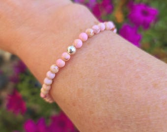 Coral Pink Jasper stretch bracelet Sterling Silver or Gold tiny 4mm pink gemstone bead bracelet Arthritis jewellery gift for her girl mum