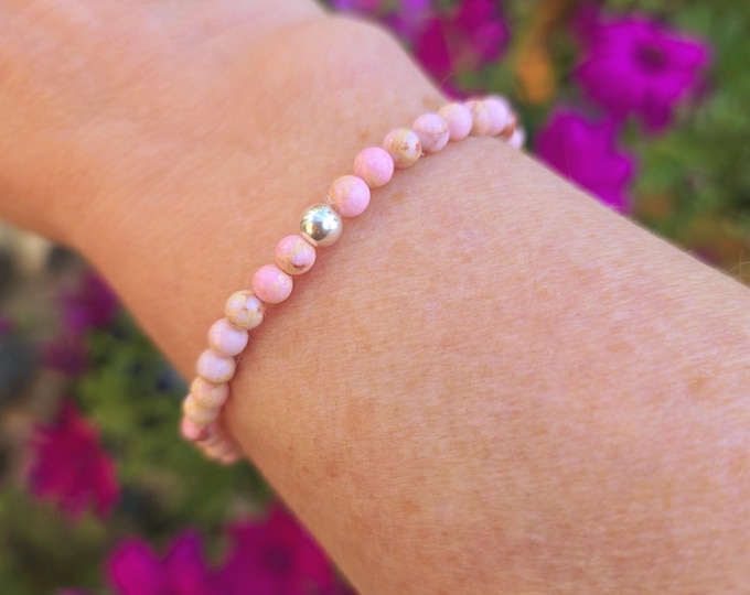 Coral Pink Jasper stretch bracelet Sterling Silver or Gold tiny 4mm pink gemstone bead bracelet Arthritis jewellery gift for her girl mum