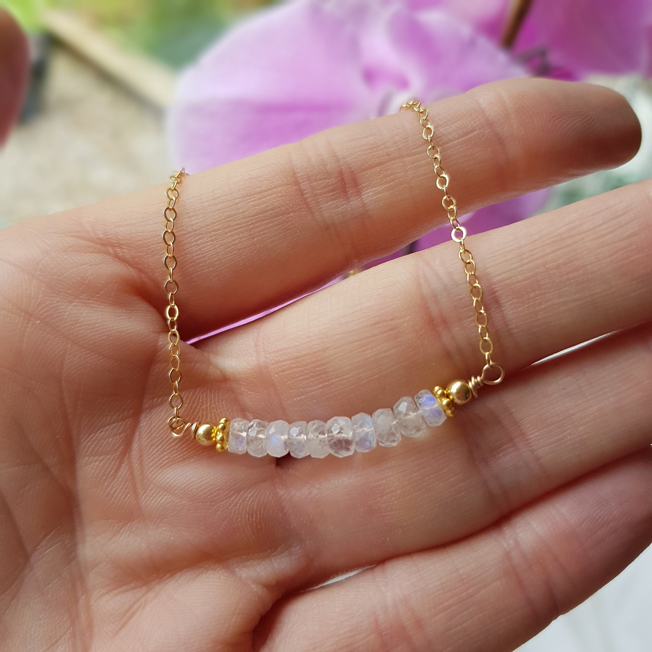 Tiny Moonstone Necklace Choker 14k Gold Fill Real 4mm Aa Flashy