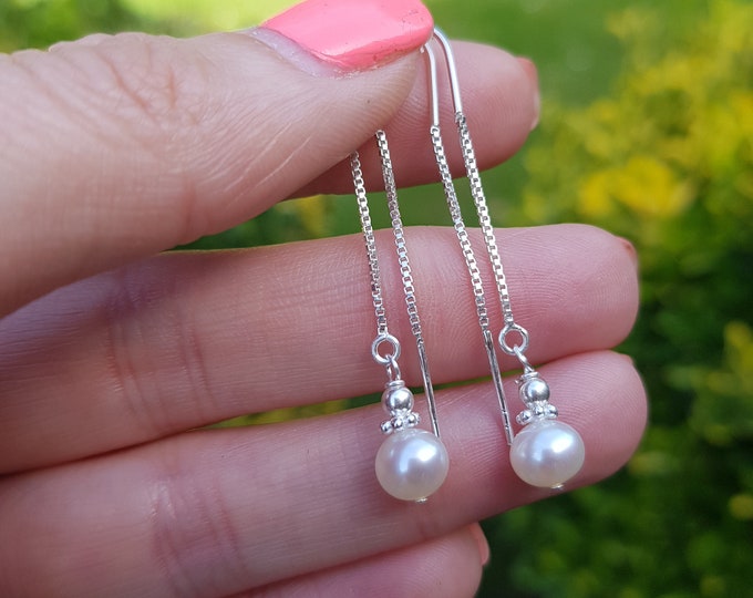 Freshwater pearl drop earrings on Sterling Silver threaders white pearl earrings long real pearl earrings jewelry gift BOHO bridal jewellery