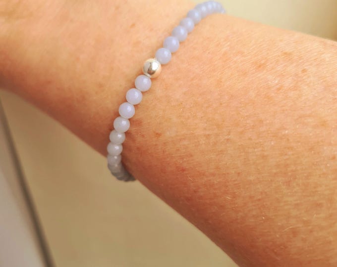 Tiny Blue ANGELITE STRETCH Bracelet Sterling Silver or Gold Fill 4mm light blue GEMSTONE bead Bracelet throat Chakra Healing jewellery gift