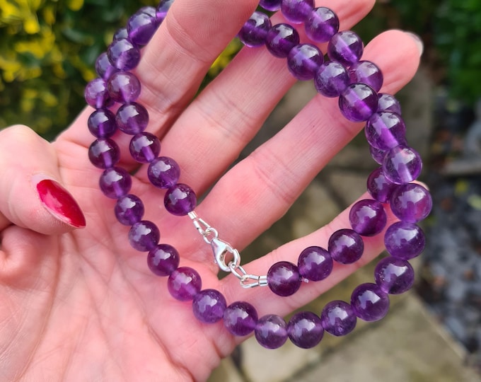 GRADE A Amethyst bead necklace Sterling Silver 8mm purple gemstone bead necklace February Birthstone jewellery gift 6th and 17th anniversary