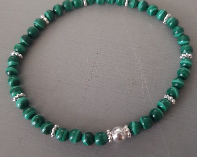 Malachite stretch Bracelet Sterling Silver 4mm tiny small green gemstone bead bracelet Malachite jewelry beaded Heart chakra jewellery gift