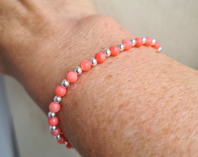 Tiny Pink Coral stretch Bracelet Sterling Silver or Gold Fill beaded Coral gemstone Bracelet salmon pink Coral jewellery gift
