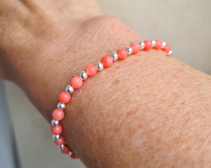 Pink Coral stretch Bracelet Sterling Silver or Gold Fill tiny 4mm beaded Coral gemstone Bracelet salmon pink Coral jewellery gift