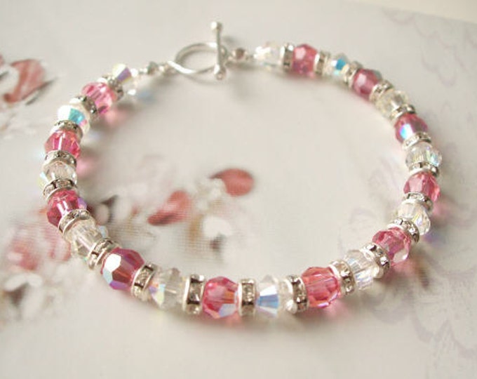 Pink Swarovski crystal bracelet Sterling Silver toggle pink Swarovski crystal & diamante bracelet handmade Swarovski jewellery jewelry gift