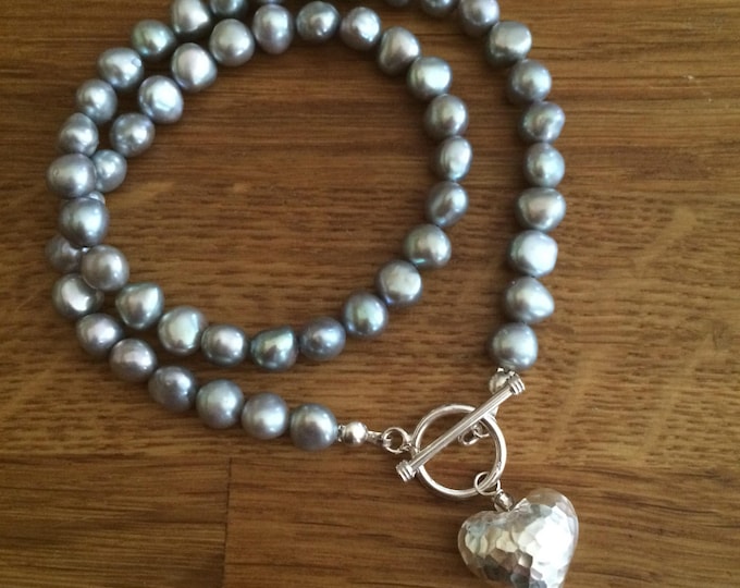 Grey Baroque Freshwater Pearl necklace Sterling Silver hammer heart toggle gray pearl necklace large grey pearl necklace Pearl jewelry gift