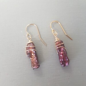 Red Freshwater pearl earrings 14K Gold Fill dark burgundy red real Biwa pearl drop earrings UNUSUAL rare pearl earrings jewellery gift