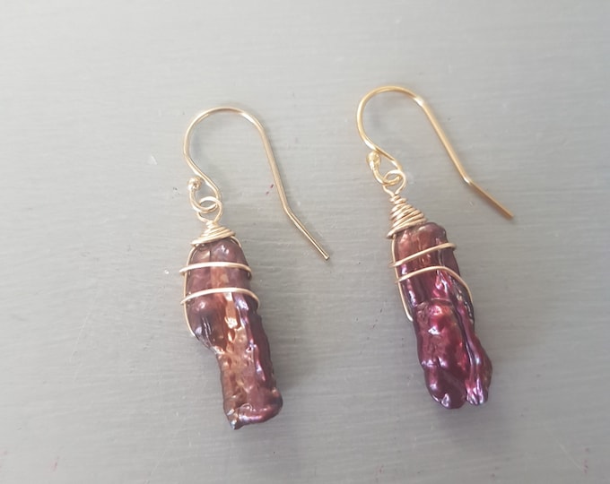 Red Freshwater pearl earrings 14K Gold Fill dark burgundy red real Biwa pearl drop earrings UNUSUAL rare pearl earrings jewellery gift
