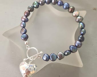 Peacock Freshwater Pearl bracelet Sterling Silver hammered heart real large Black Baroque pearl bracelet  June Birthstone jewellery gift