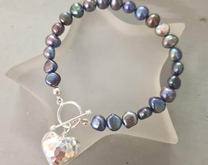 Peacock Freshwater Pearl bracelet Sterling Silver hammered heart real large Black Baroque pearl bracelet  June Birthstone jewellery gift
