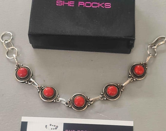 Vintage Red Coral gemstone bracelet 925 Silver -  Boho jewellery- 35th wedding anniversary gift for wife her