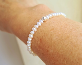 Small 4-5mm white Freshwater seed Pearl STRETCH Bracelet Sterling Silver or 14K Gold Fill - June Birthstone jewellery gift for her girl