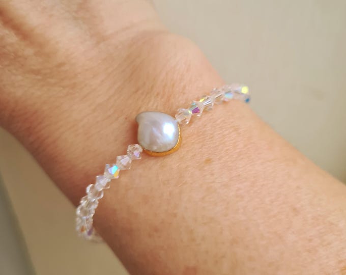 AB Crystal and Baroque Pearl stretch bracelet Gold AB crystal stacking bead bracelet Boho Crystal bridal jewellery June Birthstone gift her