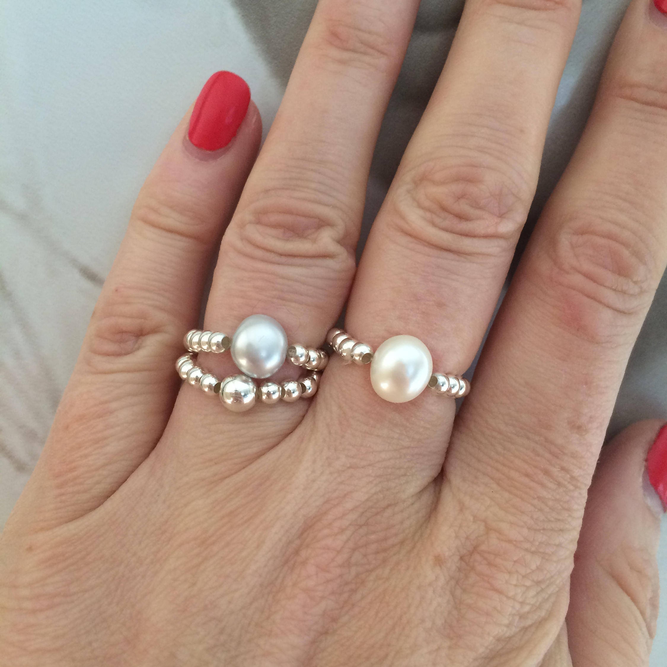 Baroque Freshwater Pearl Sterling Silver stretch ring beaded stacking pearl ring large white