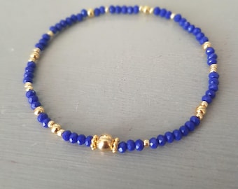 Tiny blue crystal stretch bracelet Sterling Silver or Gold Fill small neon blue beaded bracelet seed bead bracelet stacking jewellery gift