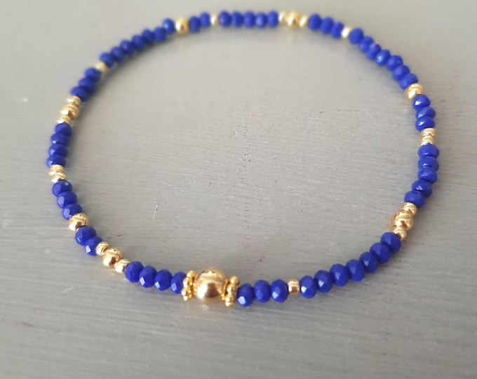 Tiny blue crystal stretch bracelet Sterling Silver or Gold Fill small neon blue beaded bracelet seed bead bracelet stacking jewellery gift