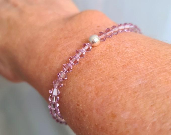 Amethyst crystal stretch bracelet Sterling Silver Gold Fill tiny 4mm Amethyst Swarovski crystal bracelet February Birthstone Jewellery gift