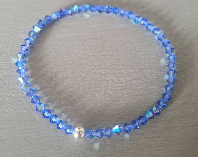 Blue crystal stretch bracelet Sterling Silver or Gold fill tiny 4mm Sapphire blue AB bead bracelet arthritis beaded jewellery gift for her