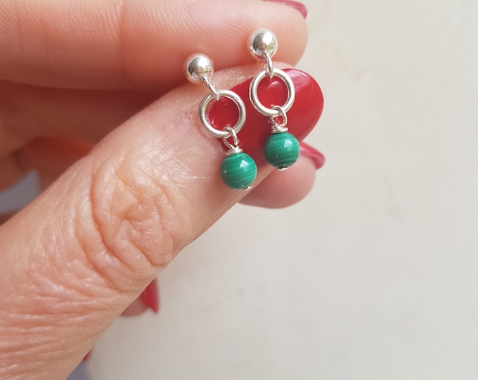 Tiny Malachite earrings Sterling Silver or Gold Fill 4mm green gemstone bead drop stud earrings teenage girl Heart Chakra jewellery gift