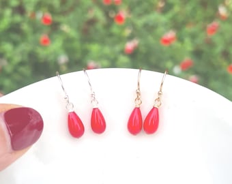 Tiny red Coral earrings Sterling Silver or Gold Fill small red Coral teardrop earrings red gemstone jewellery Chakra jewelry gift for girl