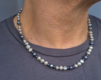 Freshwater Pearl necklace for men Silver Grey and Black Baroque pearl necklace for him real pearl June Birthstone men's jewellery gift