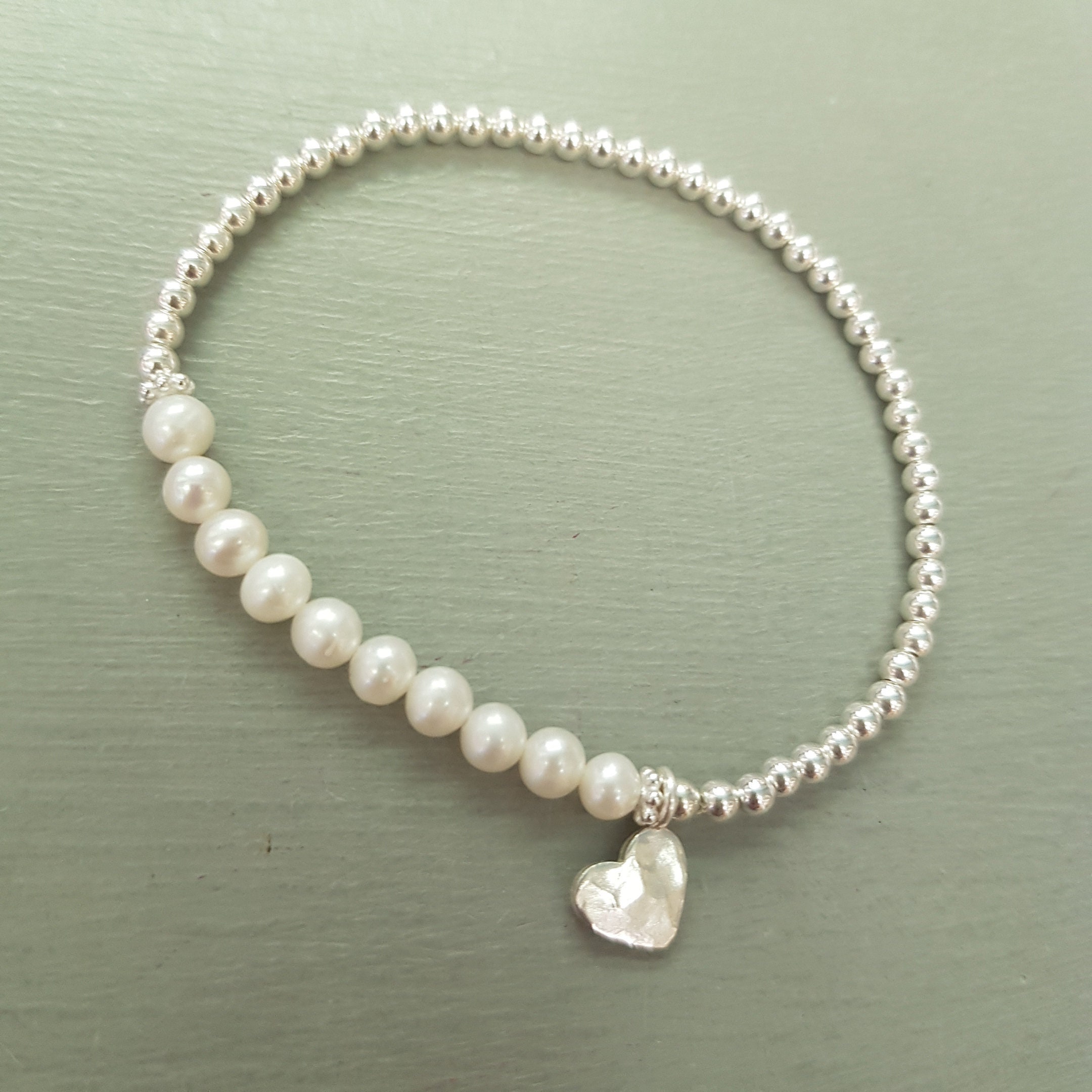 Small Freshwater Pearl stretch bracelet Sterling Silver hammered heart ...