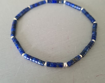 Tiny Blue Lapis stretch Bracelet Sterling Silver or Gold 3mm Lapis Heishi bead bracelet Lapis Lazuli September Birthstone jewellery gift