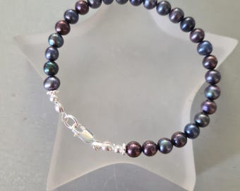 Peacock black Freshwater Pearl bracelet Sterling Silver or Gold 6mm real Freshwater pearl bracelet June Birthstone jewellery gift for her