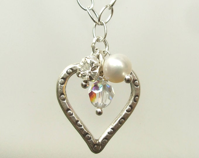 Sterling Silver KAREN HEART pendant necklace with Freshwater Pearl and Swarovski crystal