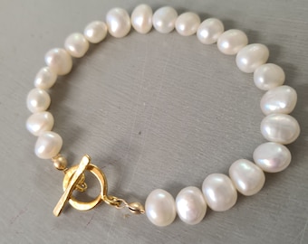 Gold Baroque Freshwater Pearl bracelet 24K Gold Vermeil toggle clasp large 7mm pearl bracelet REAL white Pearl jewellery gift for her mum
