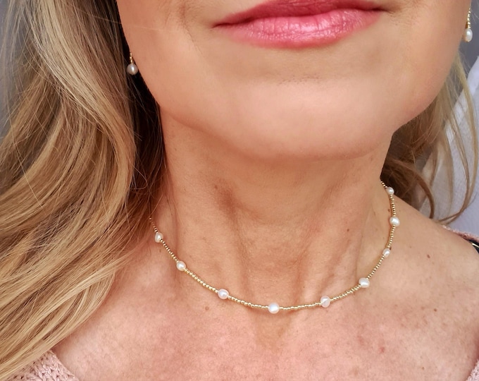 Tiny Freshwater Pearl choker necklace Sterling Silver or Gold real small white Baroque pearl necklace June Birthstone jewellery gift for her