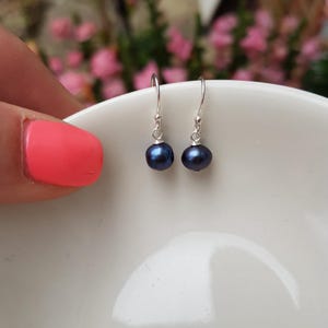 Tiny blue black Freshwater pearl earrings Sterling Silver or 14K Gold Fill small Peacock pearl drop earrings real pearl jewellery gift mum