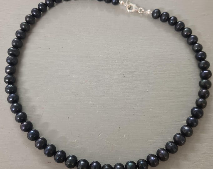 Black Freshwater Pearl necklace choker Sterling Silver / Gold Fill Large 8-9mm real AA jet Black pearl necklace June Birthstone jewelry gift