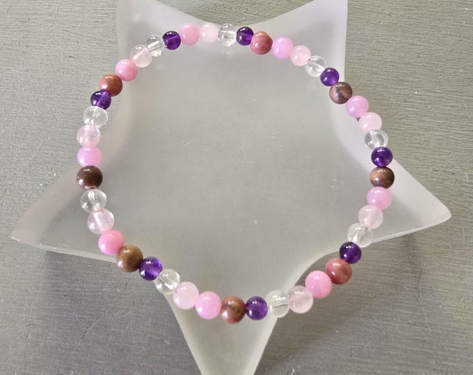 Tiny Pink gemstone bead stretch bracelet Moonstone Rose Quartz & AMETHYST 4mm tiny pink bead Bracelet Crystal Healing Self Love gift for her