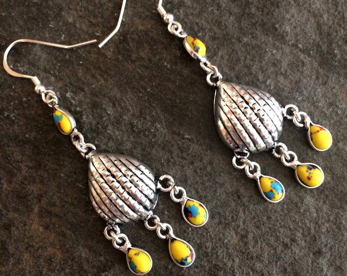 Yellow Mosaic Jasper earrings - Sterling Silver shell earrings - honeymoon- beach - Boho -Chakra  jewellery Gift