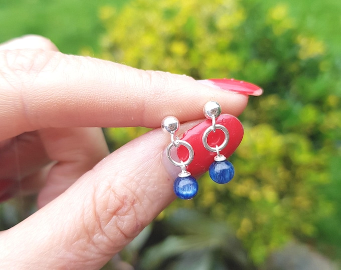 Tiny Kyanite earrings Sterling Silver or Gold Fill stud small 5mm blue Kyanite gemstone bead drop earrings jewellery gift for her mum girl